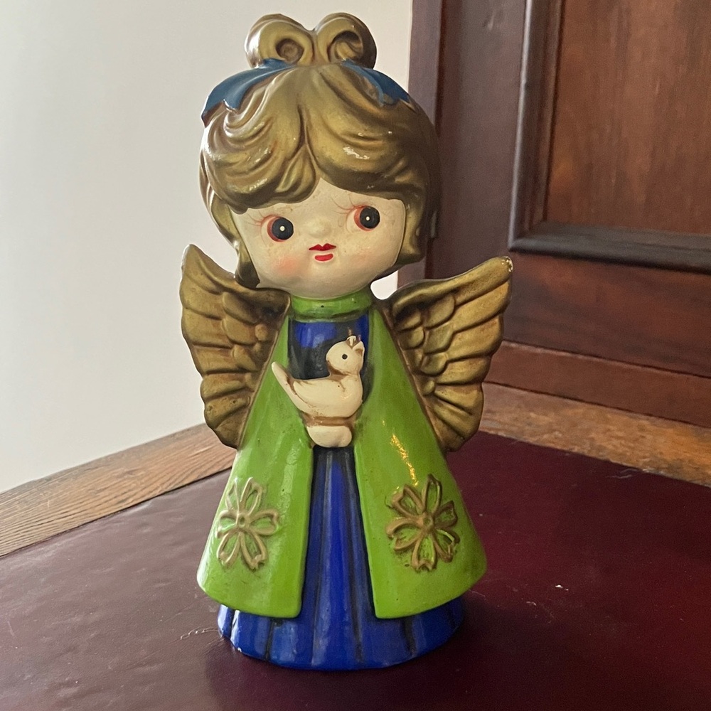 Vintage Ceramic Angel Figurine with Green and Blue Dress